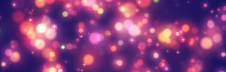 Bright red and pink bokeh lights abstract blue background. Flying yellow particles or dust. Vivid lightning. Merry christmas design. Blurred light dots. Can use as cover, banner, postcard, flyer.
