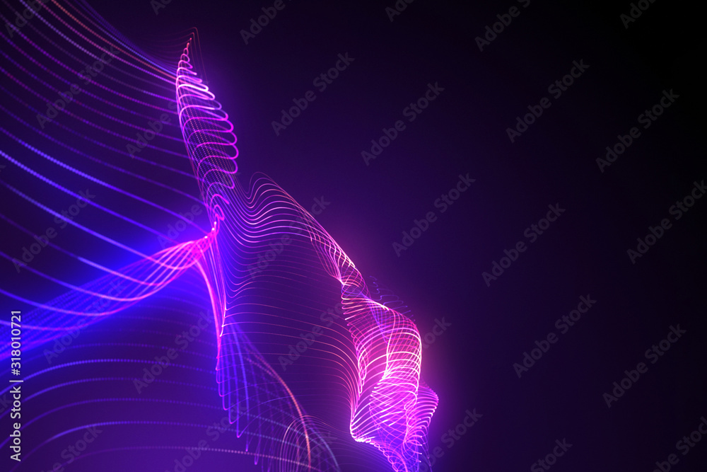 Wall mural bright wavy background. glowing dots and lines. neon light. wave element for design. smooth particle