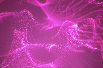 Bright wavy background. Glowing dots and lines. Neon light. Wave element for design. Smooth particle waves. Dynamic techno wallpaper.Pink color