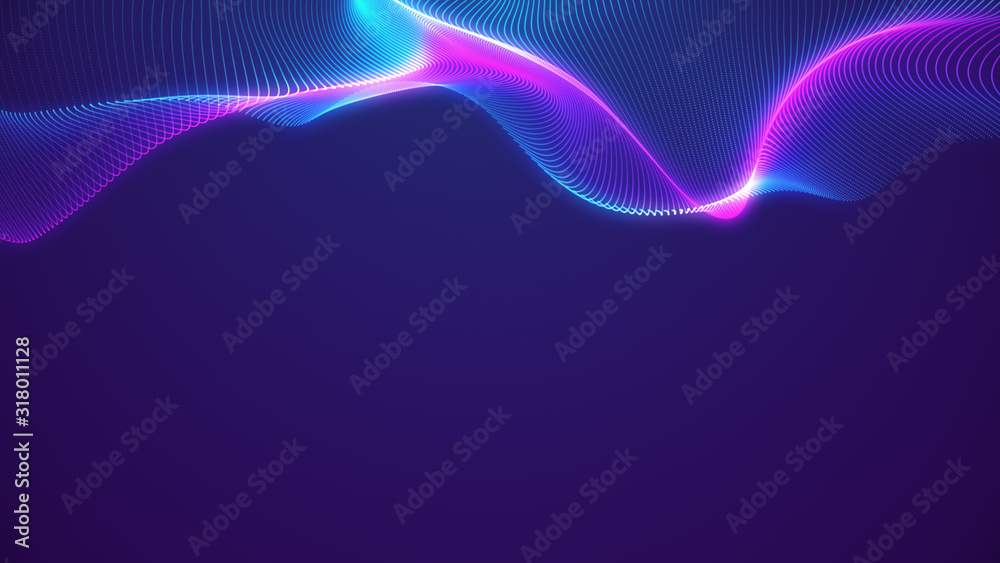 Poster bright wavy background. glowing dots and lines. neon light. wave element for design. smooth particle