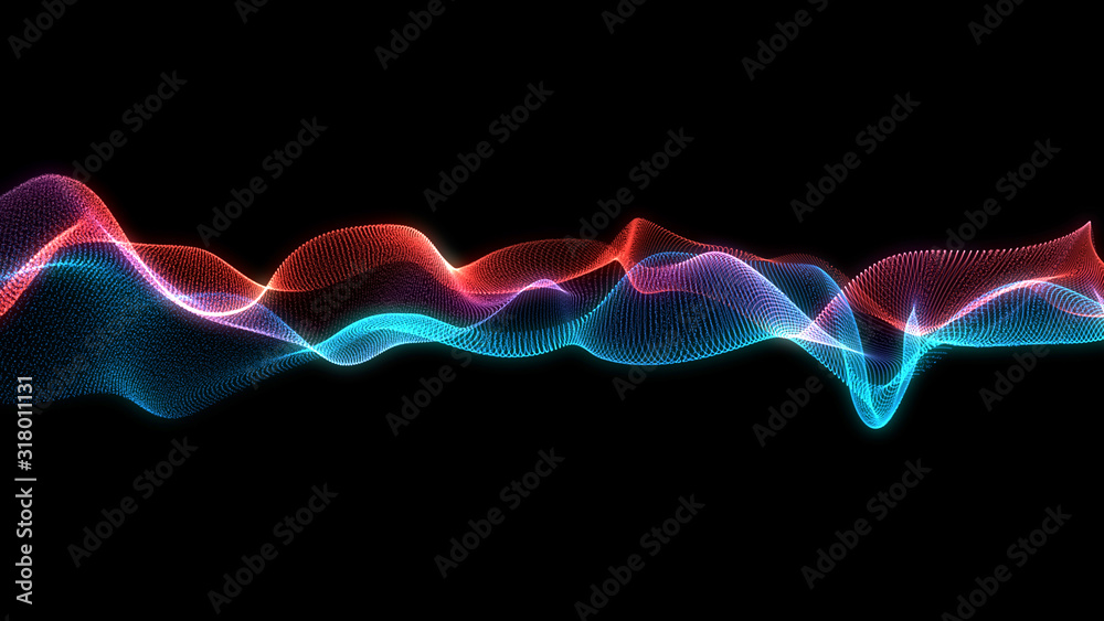 Wall mural bright wavy background. glowing dots and lines. neon light. wave element for design. smooth particle
