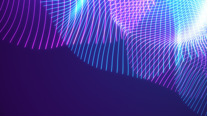 Bright wavy background. Glowing dots and lines. Neon light. Wave element for design. Smooth particle waves. Dynamic techno wallpaper.Violet and blue colors