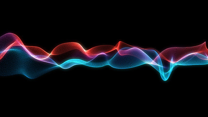 Bright wavy background. Glowing dots and lines. Neon light. Wave element for design. Smooth particle waves. Dynamic techno wallpaper. Blue and red color