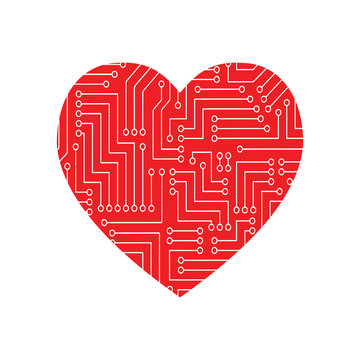 heart love technology concept design for Valentine. A concept of information technology logo. Vector circuit board heart. Computer heart with motherboard elements for technology concept design.