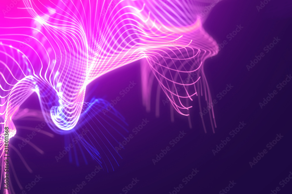 Poster bright wavy background. glowing dots and lines. neon light. wave element for design. smooth particle