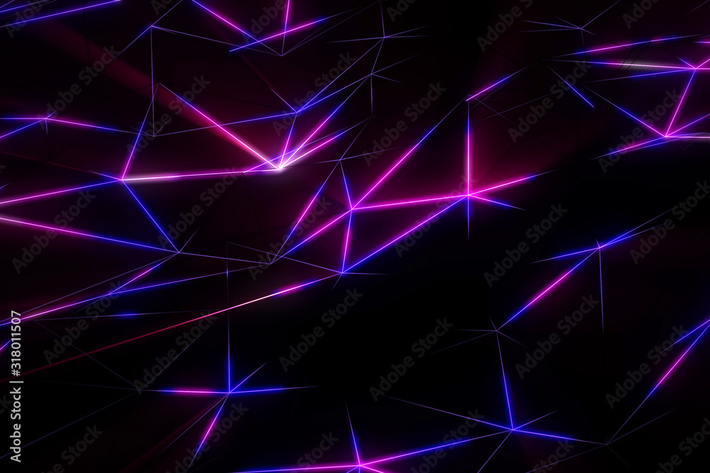 Wall mural neon futuristic wireframe surface. triangula glowing structure. connected lines triangle technology 