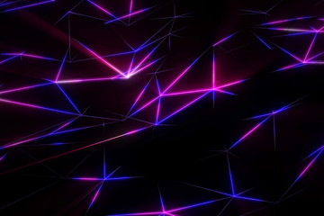 Neon futuristic wireframe surface. Triangula  glowing structure. Connected lines triangle technology construction. Wed design cover template. Abstract backround. Blue and violet colors