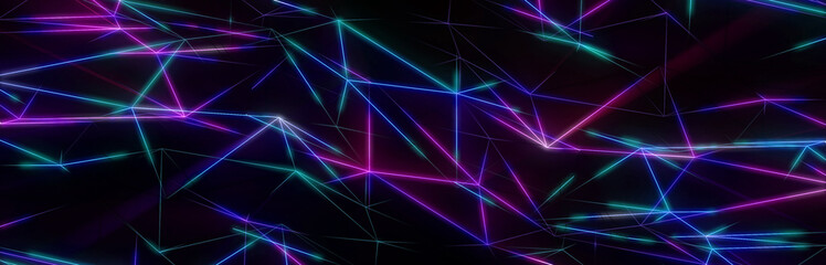 Neon futuristic wireframe surface. Triangula  glowing structure. Connected lines triangle technology construction. Wed design cover template. Abstract backround.Multicolored