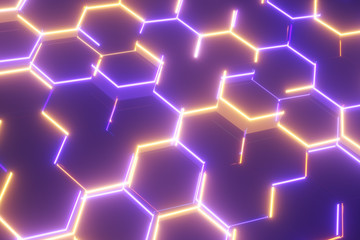 Hexagon violet and orange pattern. Abstract futuristic background.