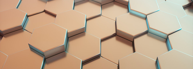 Hexagon bronze pattern. Abstract futuristic background.Blue light