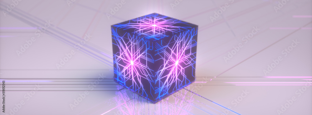 Poster abstract black cube with blue and violet glowing neon lines. connection system. futuristic processor