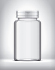 Bottle for pills on background. Transparent version. White Cap. 