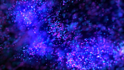 Bright purple bokeh lights abstract background. Flying violet particles or dust. Vivid lightning. Merry christmas design. Blurred light dots. Can use as cover, banner, postcard, flyer.