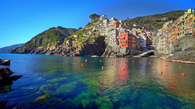 Riomaggiore, Cinque Terre, main view of the city and the port. Liguria, Italy. UNESCO