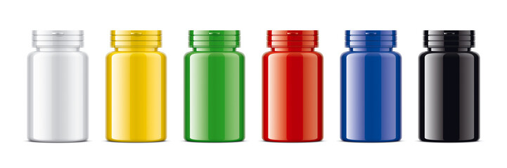 Set of Colored bottles for pills. Glossy surface version. 