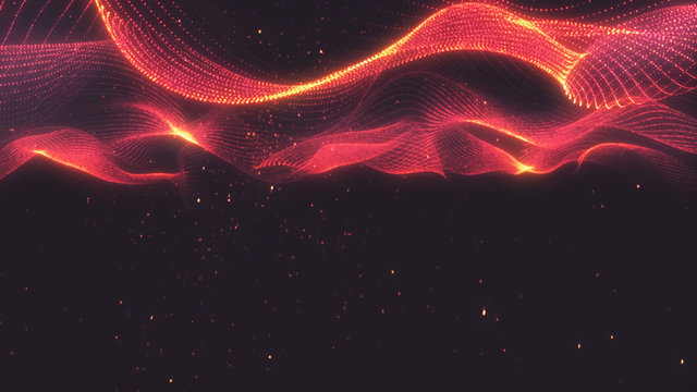 Bright wavy background. Glowing dots and lines. Neon light. Wave element for design. Smooth particle waves. Dynamic techno wallpaper. Red colors