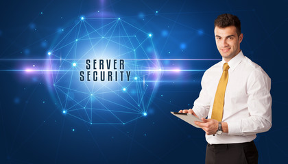 Businessman thinking about security solutions with SERVER SECURITY inscription