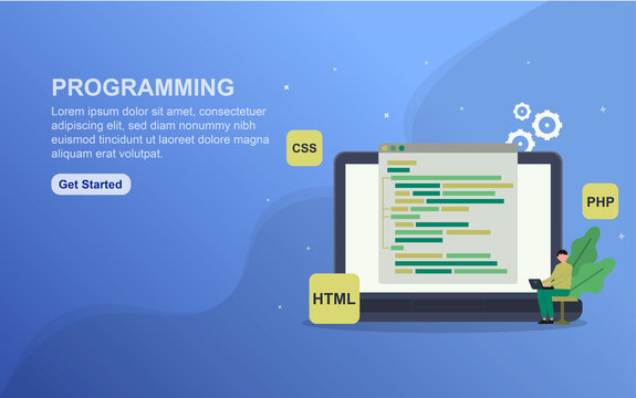 Programming landing page template. Flat design concept of web page design for website.