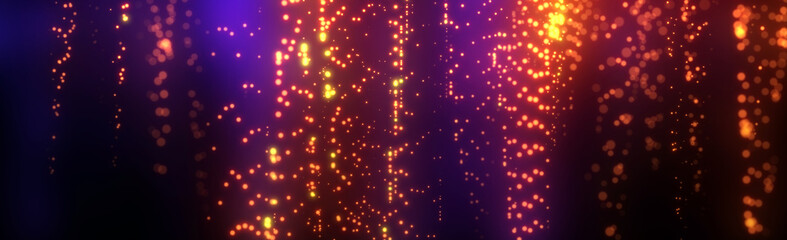 Bright orange bokeh lights abstract background. Flying purple particles or dust. Vivid lightning. Merry christmas design. Blurred light dots. Can use as cover, banner, postcard, flyer.