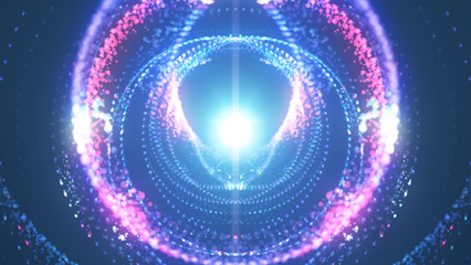 Abstract blue background. Red neon lights. Glowing tunnel. Bright vibrant dots. laser illumination.