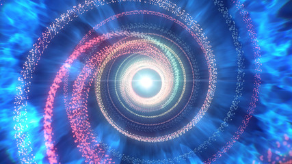 Abstract blue background. Red neon lights. Glowing tunnel. Bright vibrant dots. laser illumination.