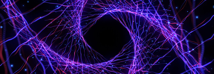 Abstract blue and red background. Neon lights. Glowing tunnel. Bright vibrant dots. laser illumination.