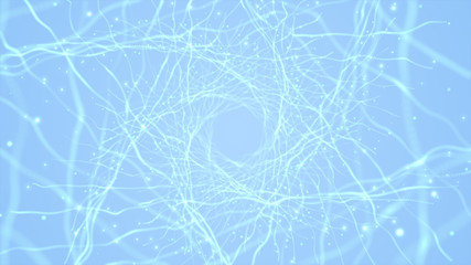 Abstract blue background. Neon lights. Glowing tunnel. Bright vibrant dots. laser illumination.