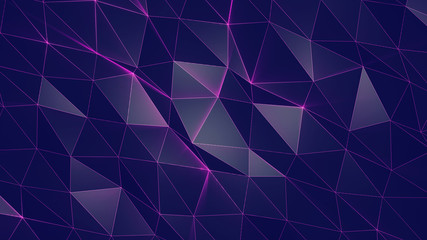 Low poly black triangular background. Dark mosaic segments lowpolygonal background. Purple neon glowing lines. New year 2020