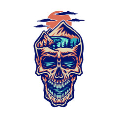 Mountain head skull, hand drawn line with digital color, vector illustration