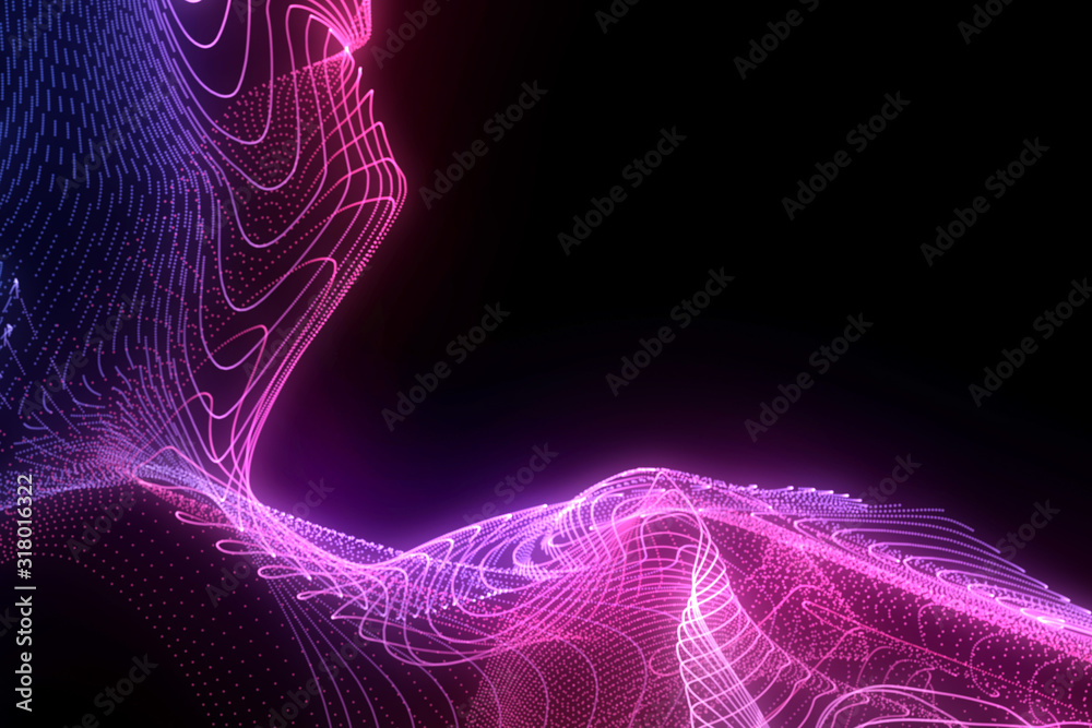 Wall mural bright wavy background. glowing dots and lines. neon light. wave element for design. smooth particle