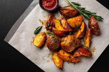 Tasty baked potato with spices and rosemary