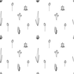 Hand drawn illustration. Seamless  pattern with silhouettes of simple grass,  wild flowers and twigs. Sketch, black  outline on white.For textiles, modern  decor.