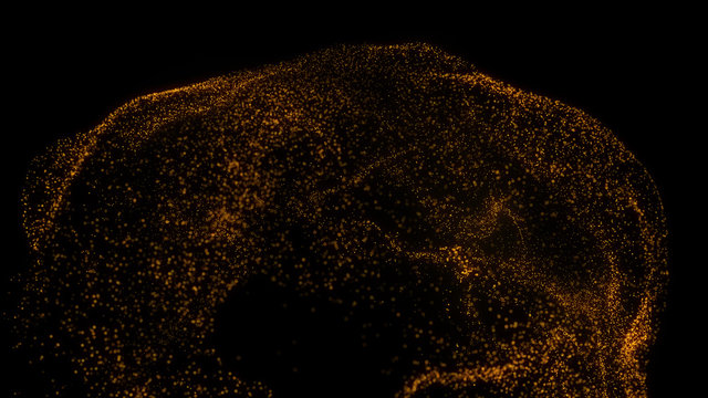 Glowing Gold flying magic particles. Fluid system Liquid, smoke, dust. Golden glitters cloud.