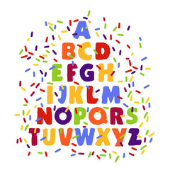 Alphabet for children in cartoon style. Children's font with red, blue, yellow and green letters. Vector illustration on a white background.
