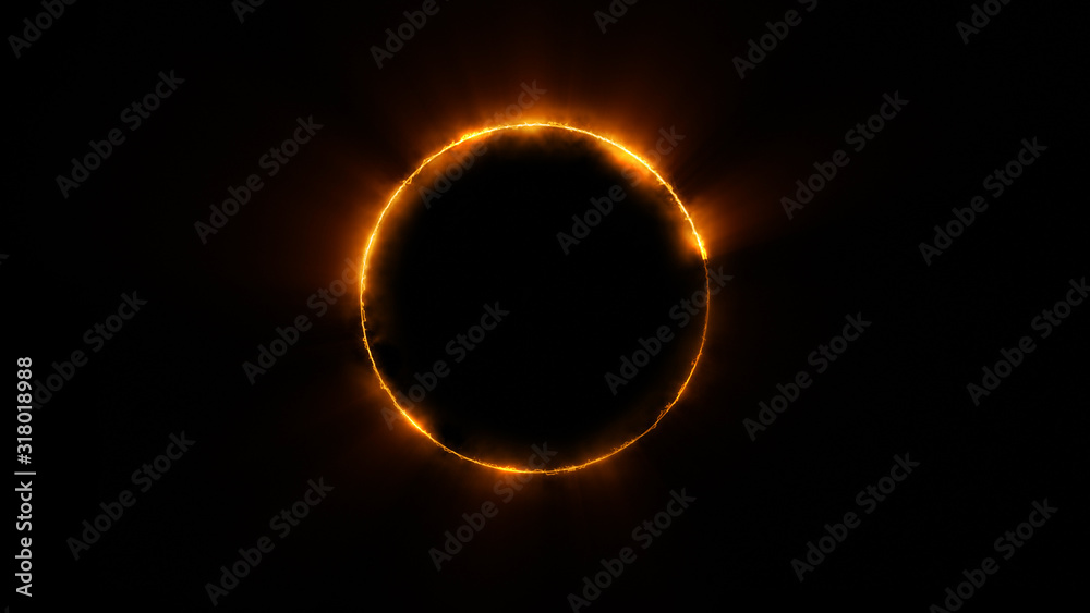 Wall mural template for text : orange neon glowing glare circle with rays. frame isolated on black background