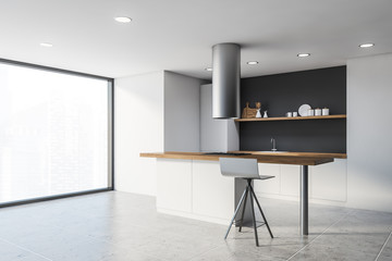 Panoramic white and gray kitchen corner with bar