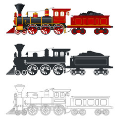 Vintage steam locomotive train with tender wagon in retro style. Three different options: color, silhouette, outline © OWLISKO DESIGN