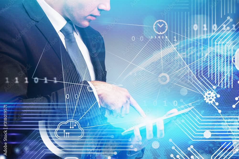 Poster man using tablet, global cloud computer interface