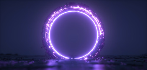Futuristic violet glowing neon round portal. Sci fi metal construction. - obrazy, fototapety, plakaty