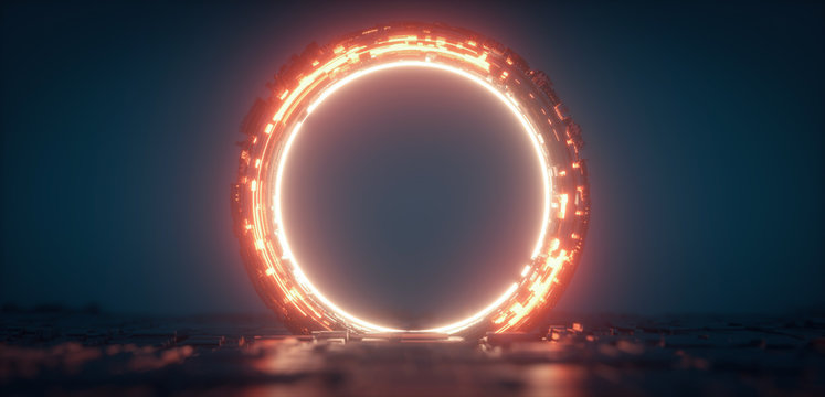 Futuristic orange glowing neon round portal. Sci fi metal construction.