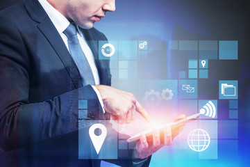 Man with tablet, business interface