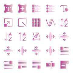 Editing text icon set include setting,scale,task,grid,fine,box,kerning,adjust,alphabet,sort,tracking,type,format,layout,image,form,input,form builder,drop down