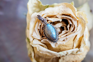 Sterling silver labradorite mineral stone pendant on rose background