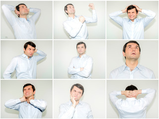set of photos. collage. the boy portrays feelings -  Joy, Delight, Hope, Admiration, Love, Peace,