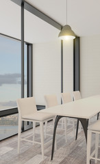 office with open space on the background of the evening city. meeting room in a modern style. Brick walls. large panoramic windows.. 3D rendering.