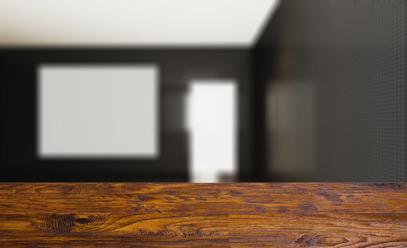blank wooden table. Flooring. Mosaic Walls, Modern bathroom with large window. 3D rendering.. Blank paintings.  Mockup.