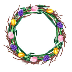 Watercolor spring easter wreath with flowers and branches. Isolated on white background.