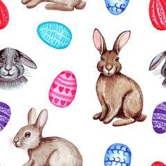 Watercolor spring easter seamless pattern, with rabbits and eggs. Isolated on white background.