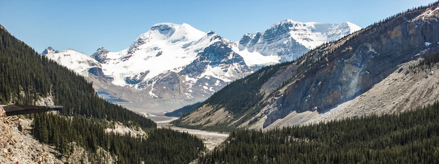 Panorama of the valley of the Columbia Icefield with the Glacier Skywalk, Icefields Parkway, Canada