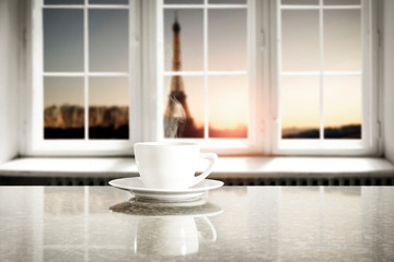 Wooden desk with window and coffee background. 